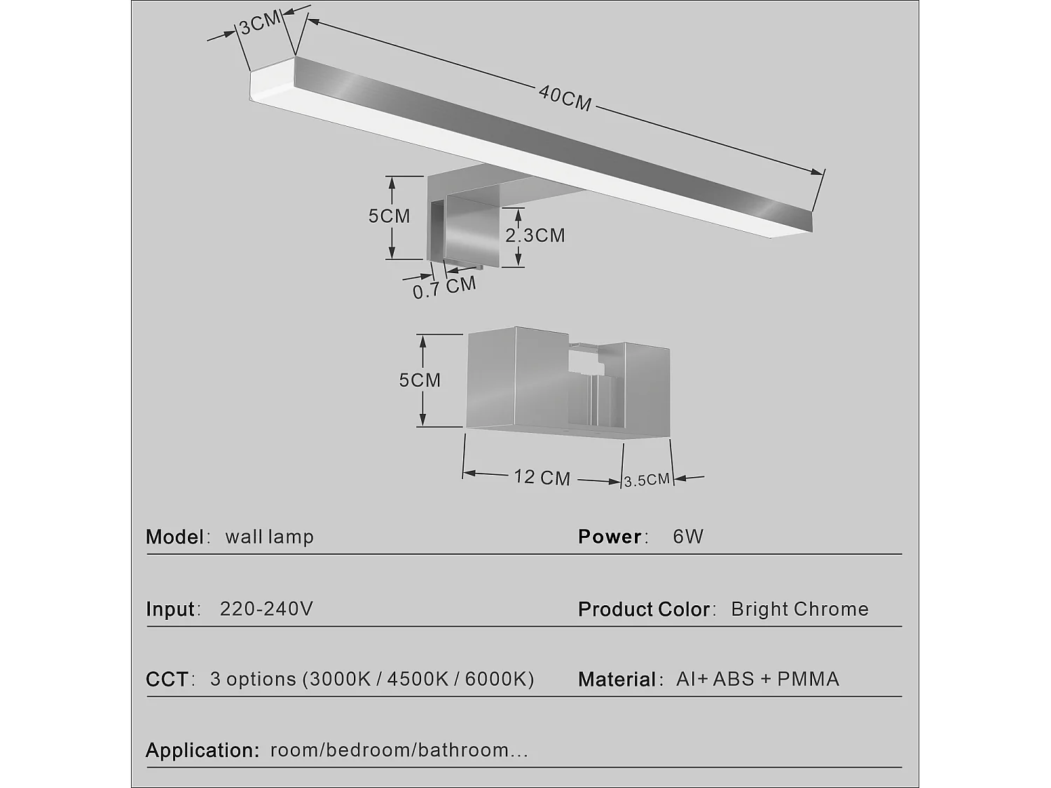 Aplique LED de espejo,3 colores,interruptor pared,3 instal. 40cm,cromo