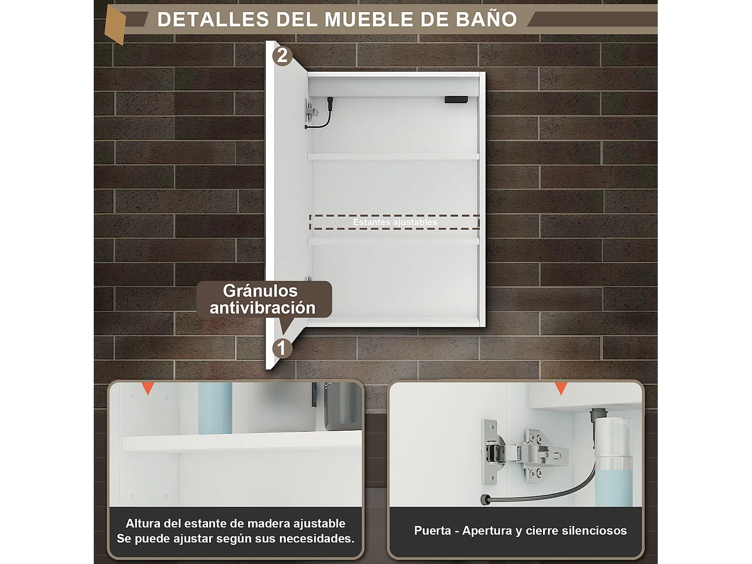 Armario con espejo para baño 700 x 600 x 130 mm Con 3 estantes, luz led con 3 colores, antivaho y brillo ajustable