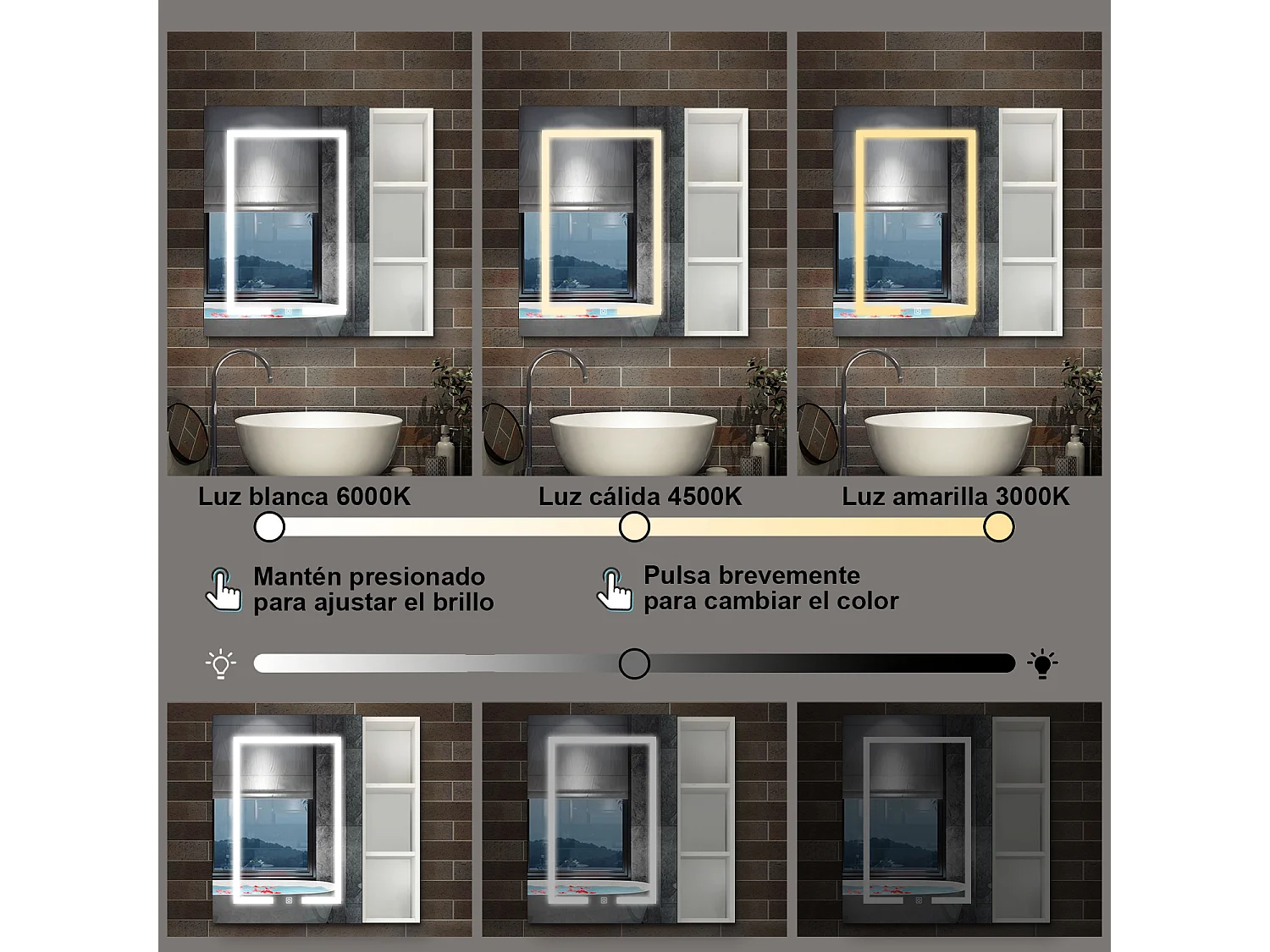 Armario con espejo para baño Armario principal 70x 40 x 13cm,Armario auxiliar 70x 20x 13cm, espejo con luz con 3 colores, antivaho y brillo ajustable