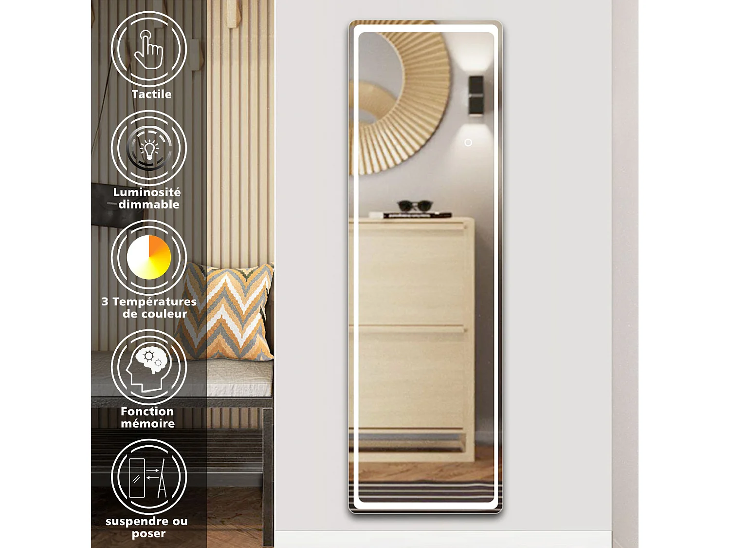 AICA 150x40cm Miroir pleine longueur LED , 3 Couleurs, Dimmable, Fonction Mémoire, Cadre écologique, à suspendre ou à poser