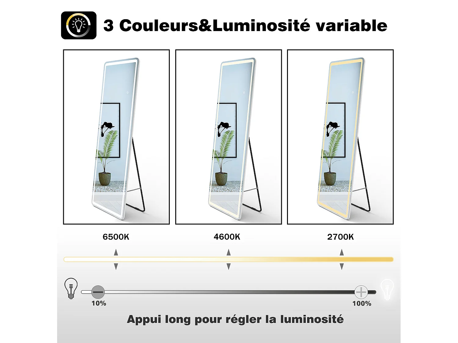 AICA 150x40cm Miroir pleine longueur LED , 3 Couleurs, Dimmable, Fonction Mémoire, Cadre écologique, à suspendre ou à poser