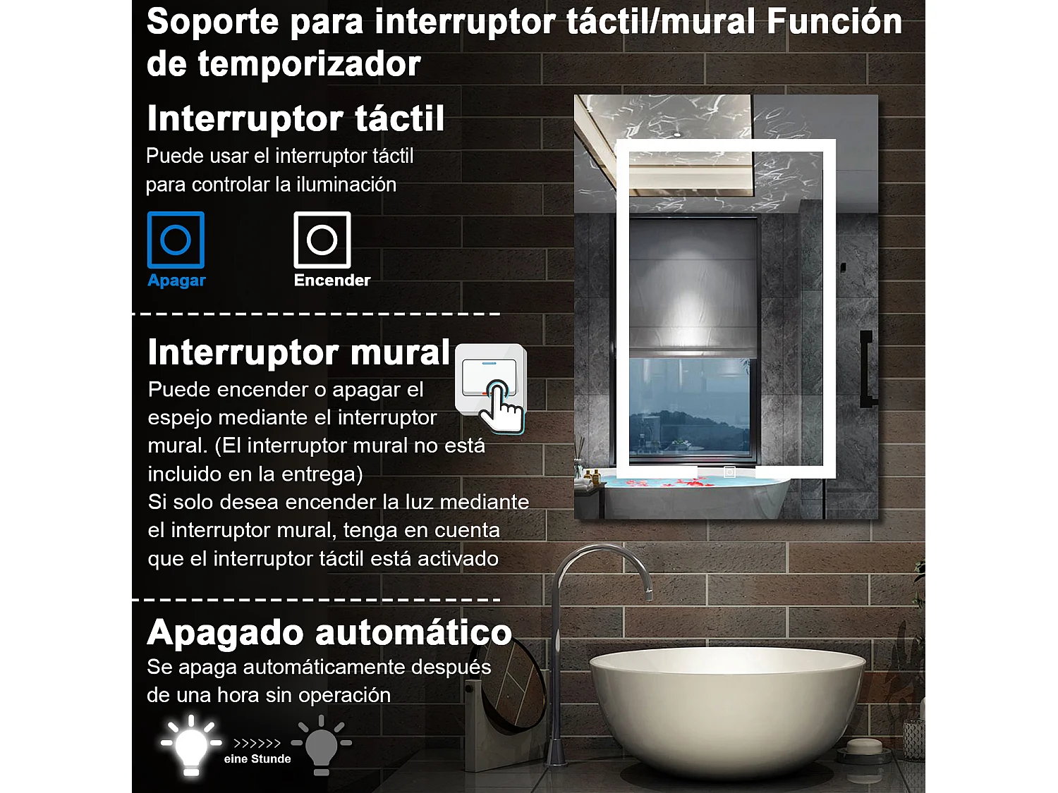 Armario con espejo para baño 700 x 400 x 130 mm Con 3 estantes, luz led con 3 colores, antivaho y brillo ajustable