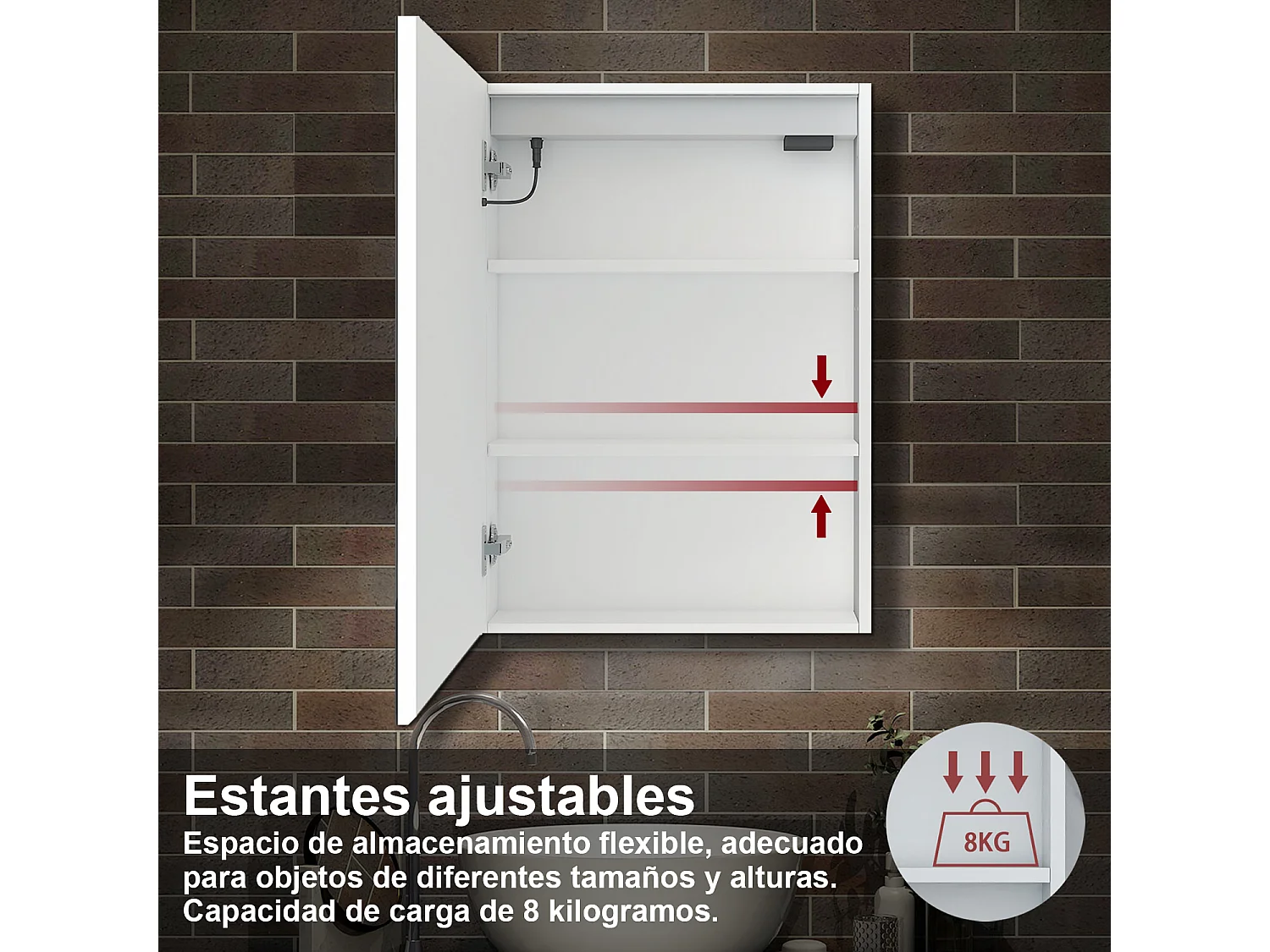 Armario con espejo para baño 700 x 400 x 130 mm Con 3 estantes, luz led con 3 colores, antivaho y brillo ajustable