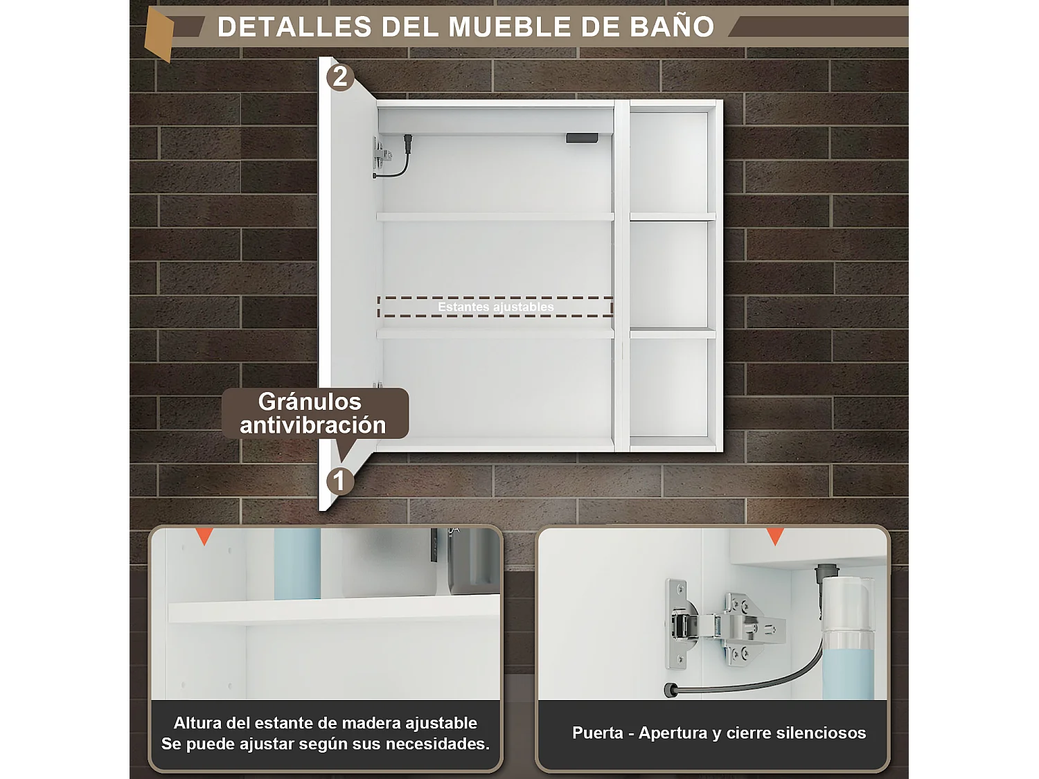 Armario con espejo para baño Armario principal 70x 60 x 13cm,Armario auxiliar 70x 20x 13cm, espejo con luz con 3 colores, antivaho y brillo ajustable