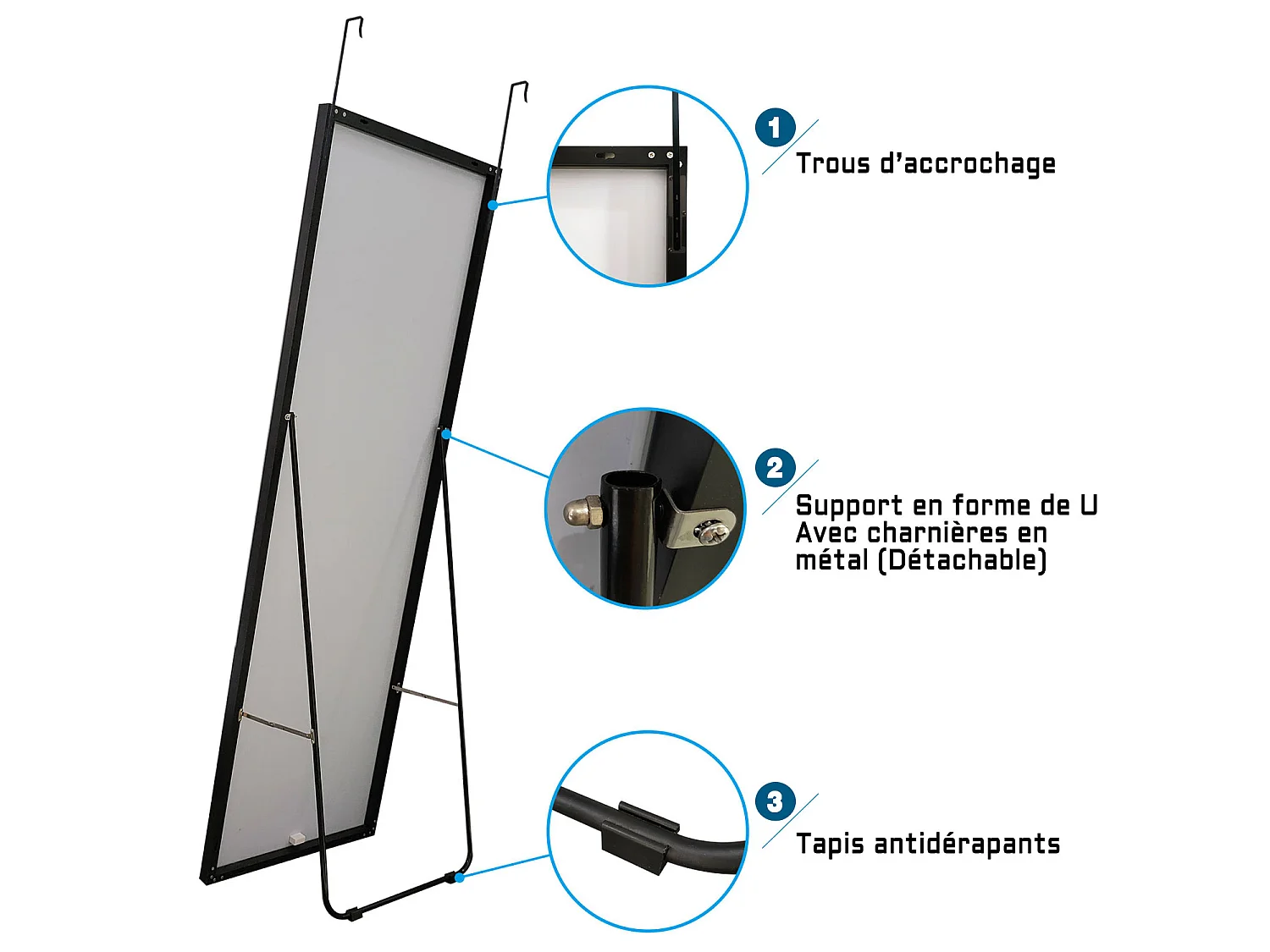 AICA 140x40cm Miroir pleine longueur  cadre noir, Miroir sur pied ou miroir mural suspendu, pour chambre et salle de bain
