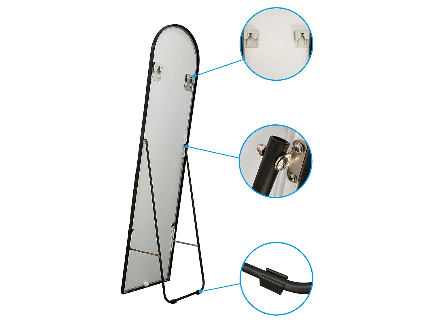 AICA 163x54cm Miroir pleine longueur arqué  cadre noir,  à poser sur pied ou à suspendre au mur, pour chambre