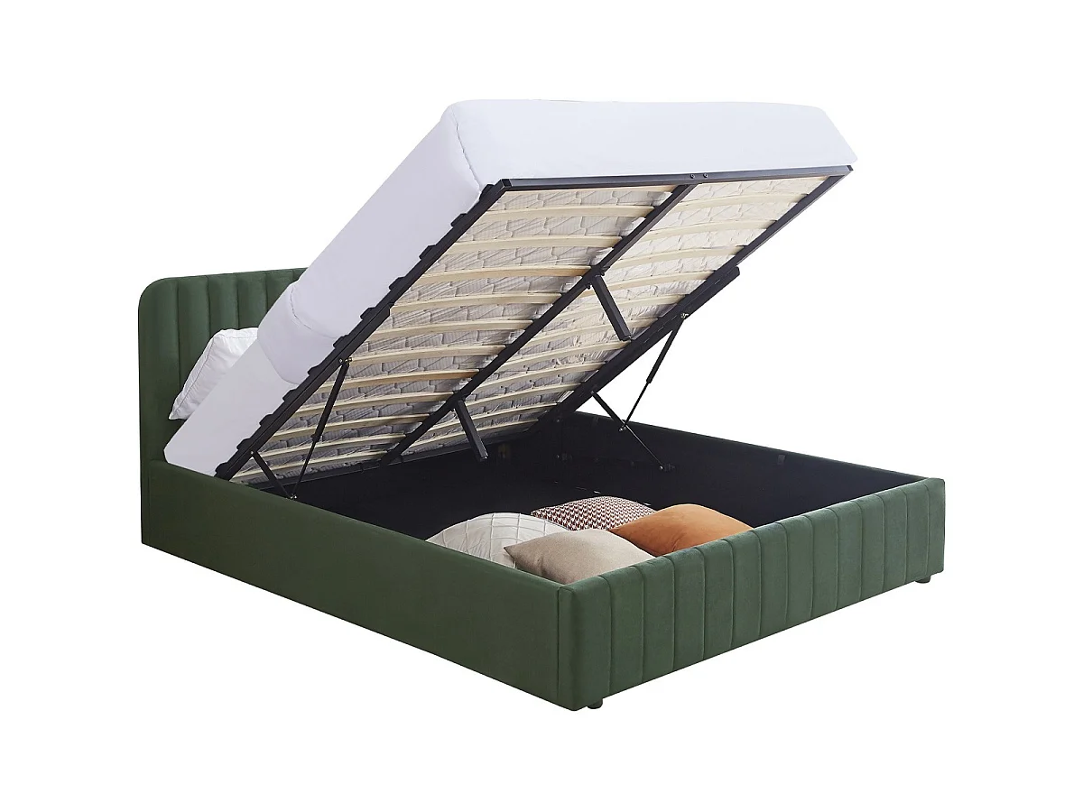 Ensemble Lit coffre adulte 140x190cm avec tête de lit en velours vert kaki - Ava + Matelas mémoire de forme - Dual Confort