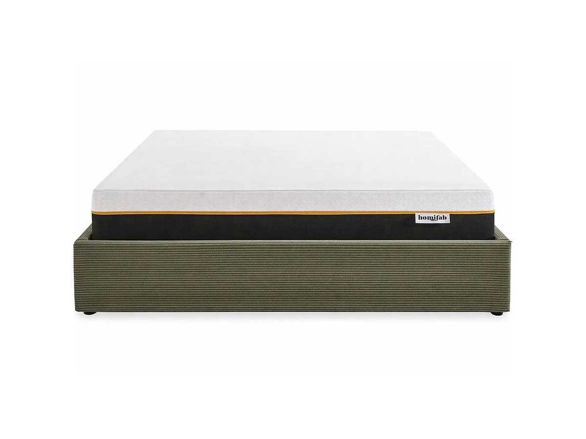 Ensemble Lit coffre adulte 180x200cm en velours côtelé vert avec sommier - Handy + Matelas mémoire de forme - Dual Confort