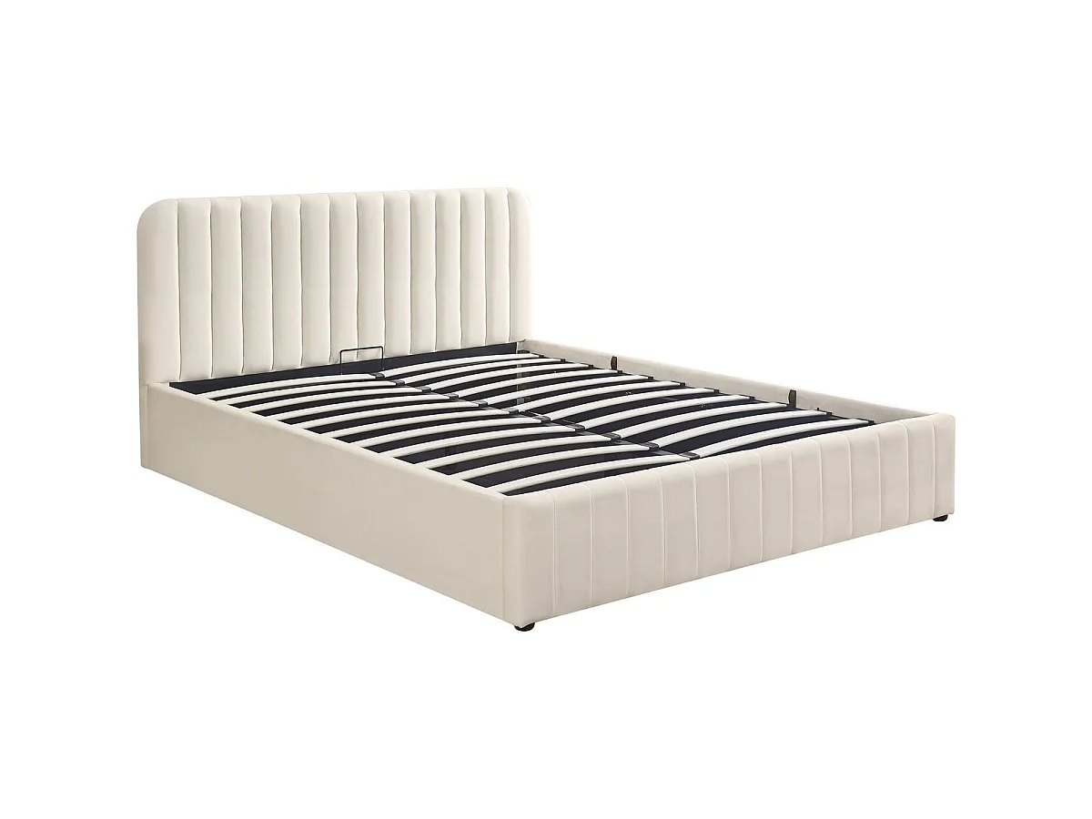 Ensemble Lit coffre adulte 180x200cm avec tête de lit en velours beige - Ava + Matelas mémoire de forme - Dual Confort