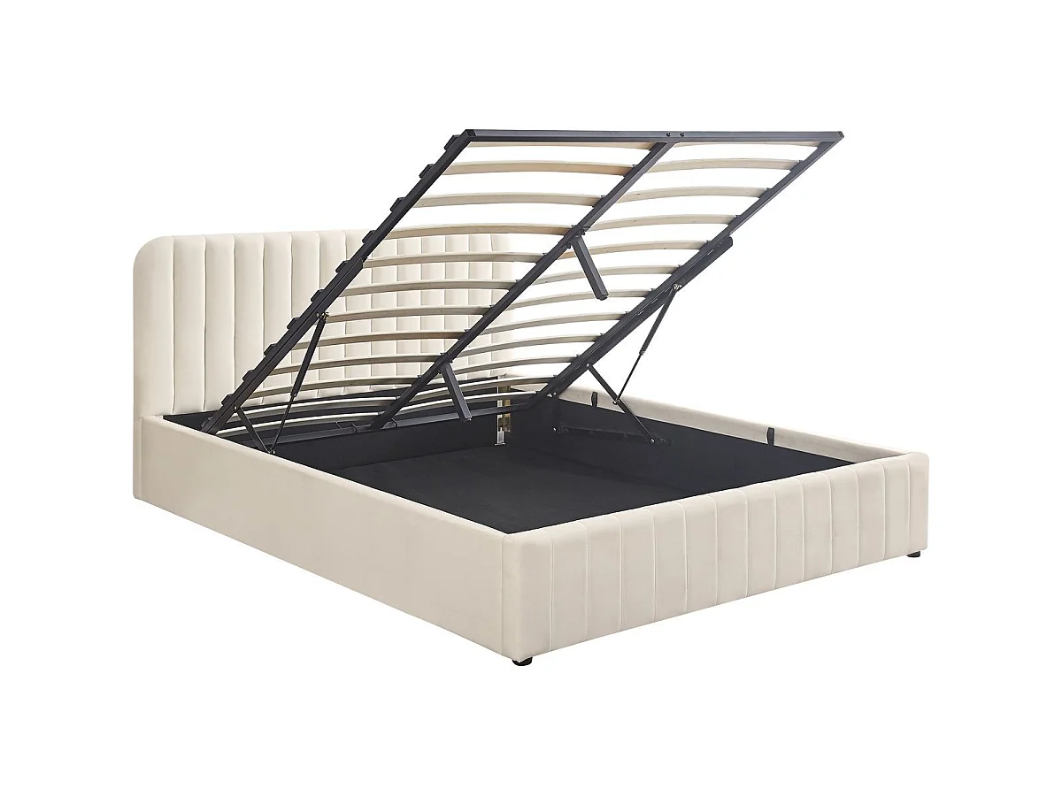 Ensemble Lit coffre adulte 180x200cm avec tête de lit en velours beige - Ava + Matelas mémoire de forme - Dual Confort