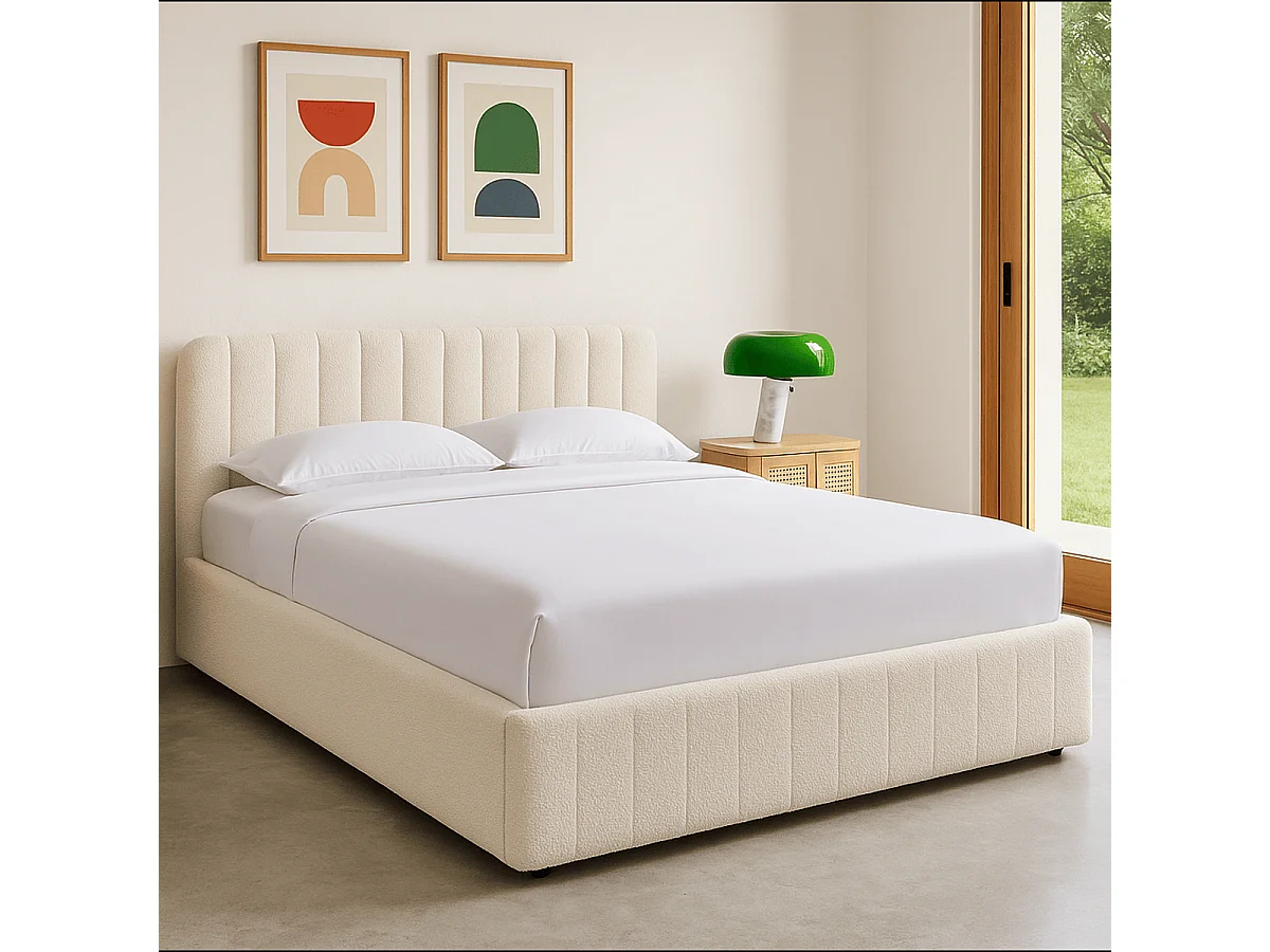 Ensemble Lit coffre adulte 140x190cm avec tête de lit en tissu bouclé beige - Ava + Matelas ressorts ensachés - Spring Elite