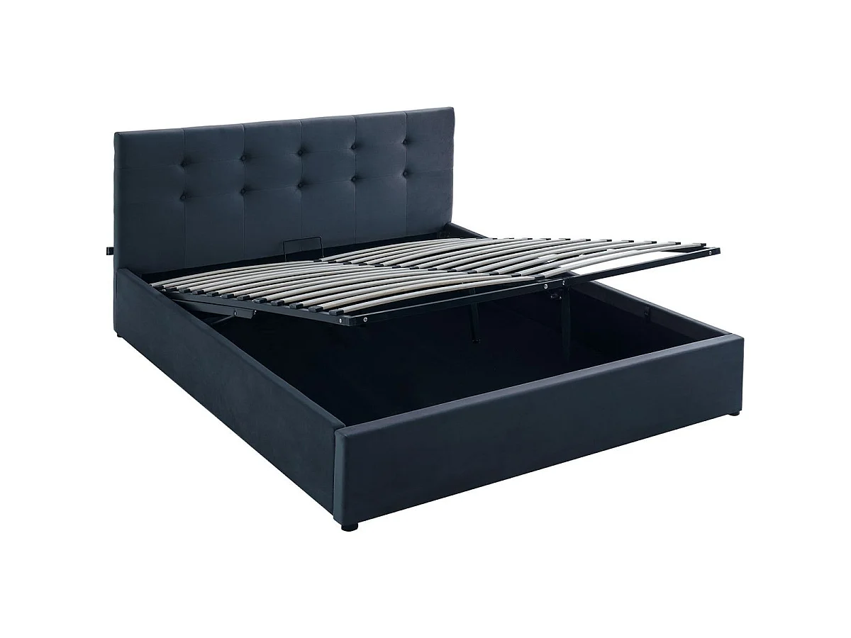 Ensemble Lit coffre adulte 160x200cm avec tête de lit en velours gris foncé - Tina + Matelas mémoire de forme - Memo HR