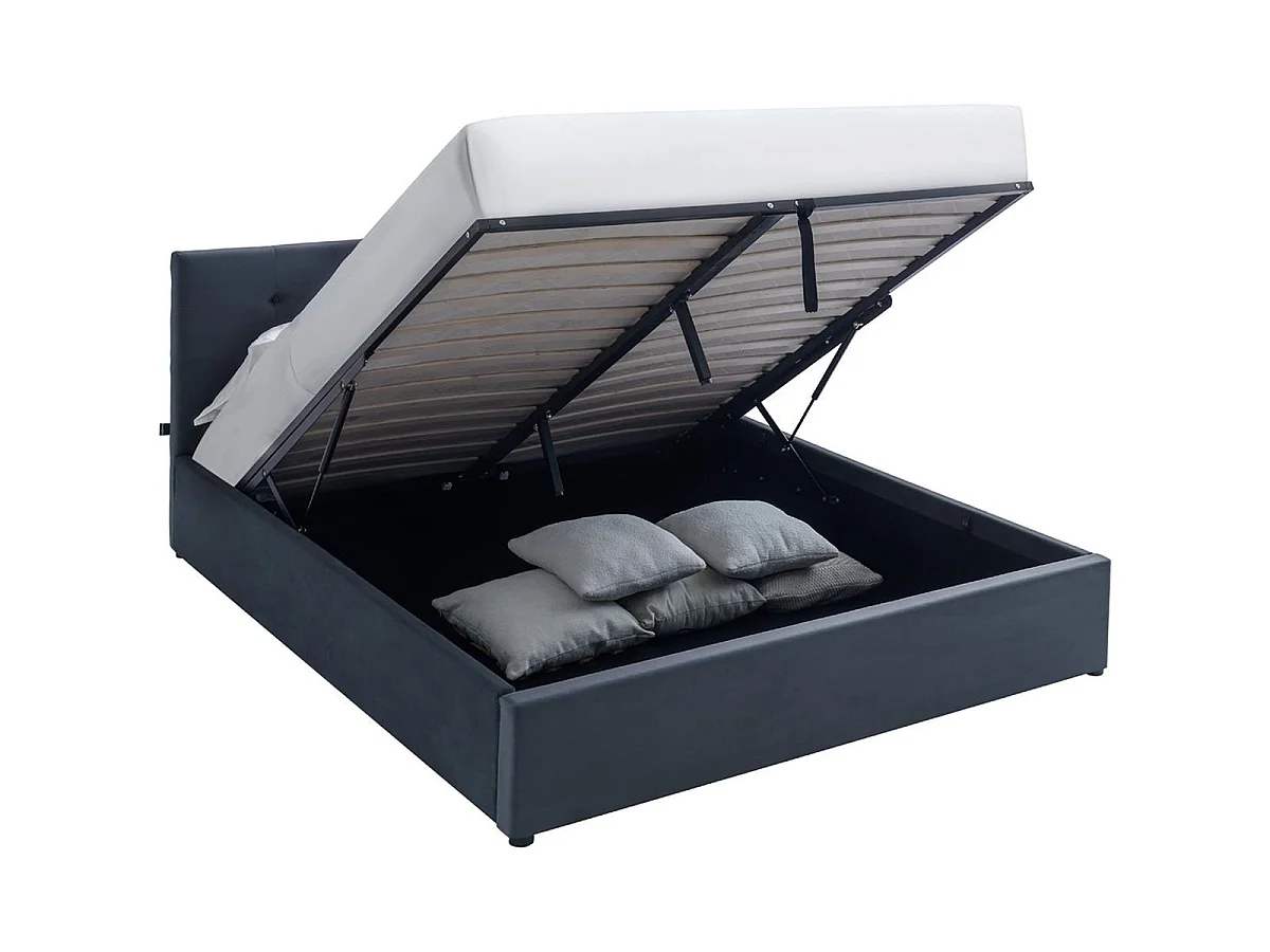 Ensemble Lit coffre adulte 160x200cm avec tête de lit en velours gris foncé - Tina + Matelas mémoire de forme - Memo HR