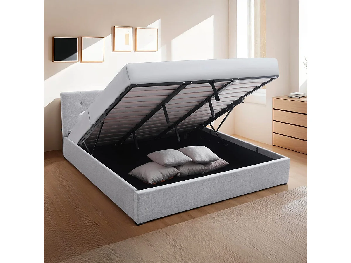 Ensemble Lit coffre adulte 160x200cm avec tête de lit en tissu gris - Tina + Matelas mémoire de forme - Memo HR