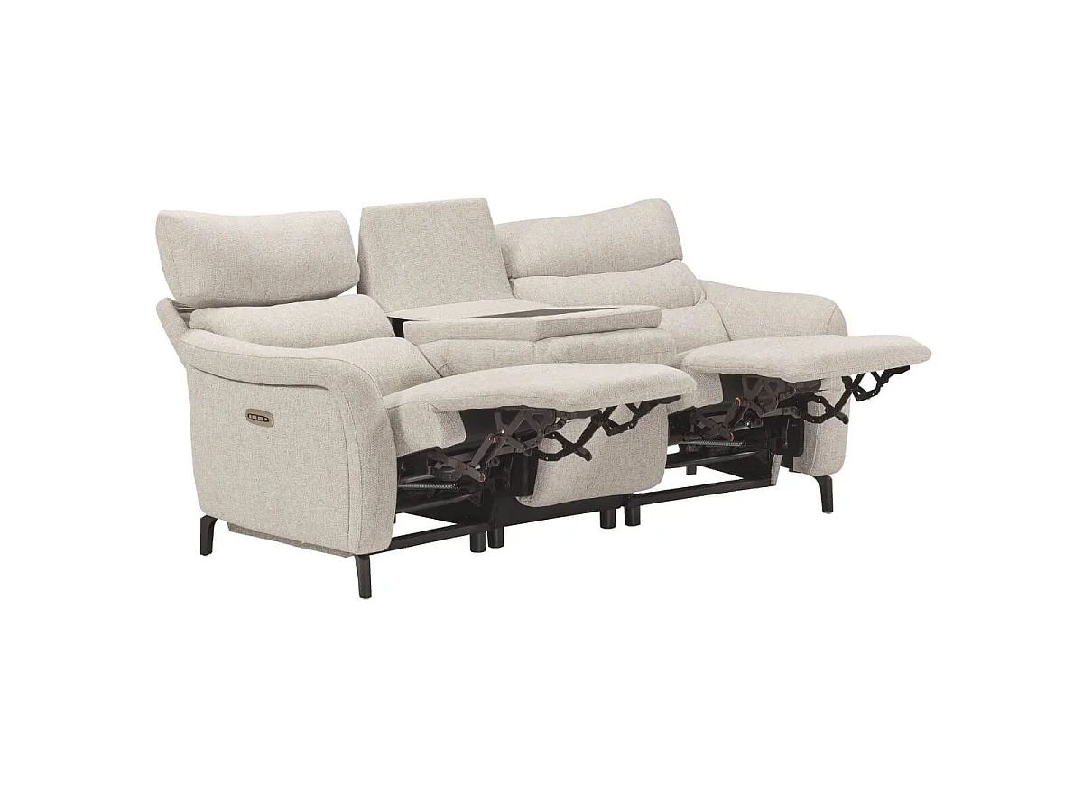 Canapé 3P relax électrique avec tablette centrale tissu beige chiné - VARENNE