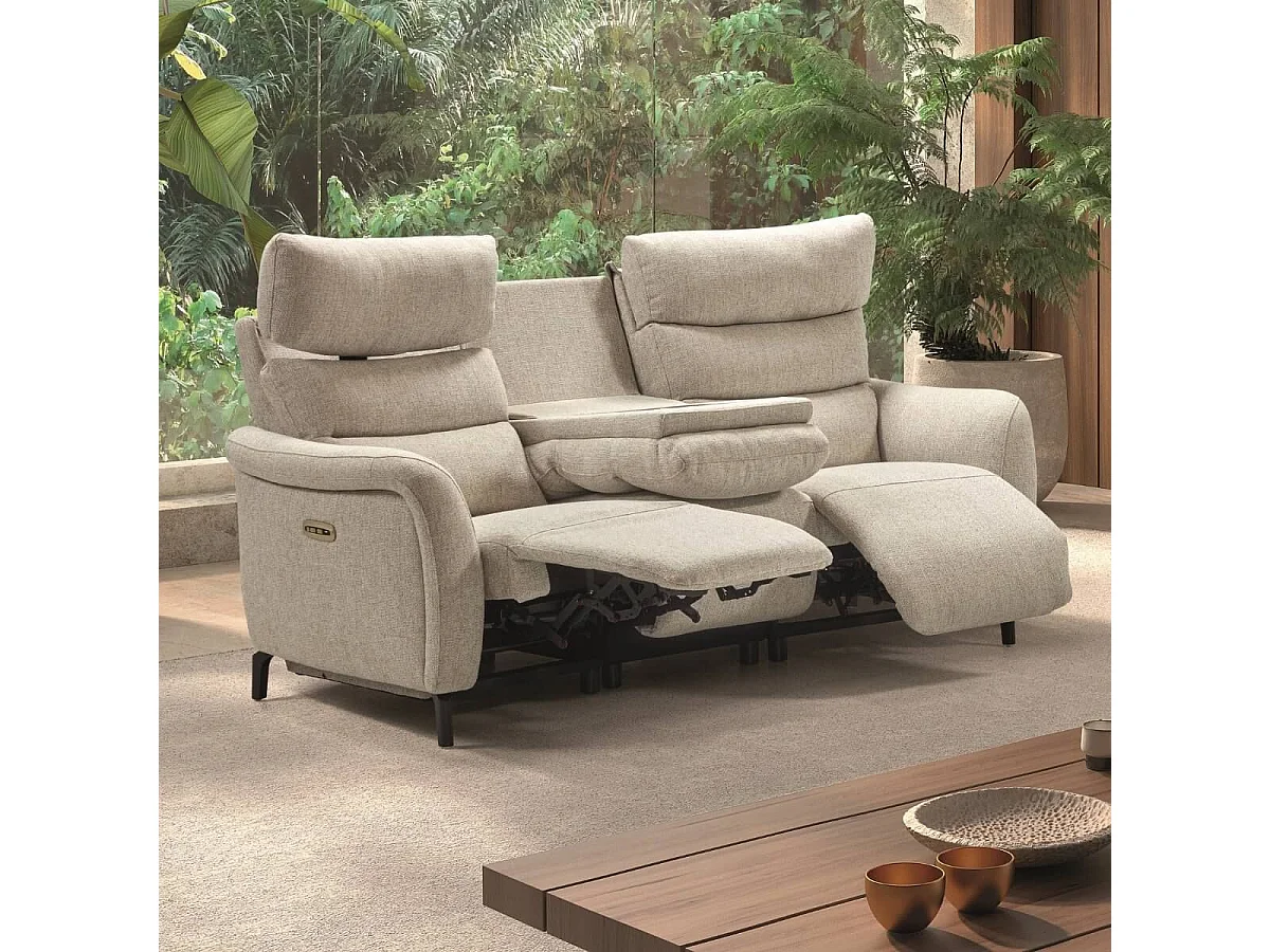Canapé 3P relax électrique avec tablette centrale tissu beige chiné - VARENNE