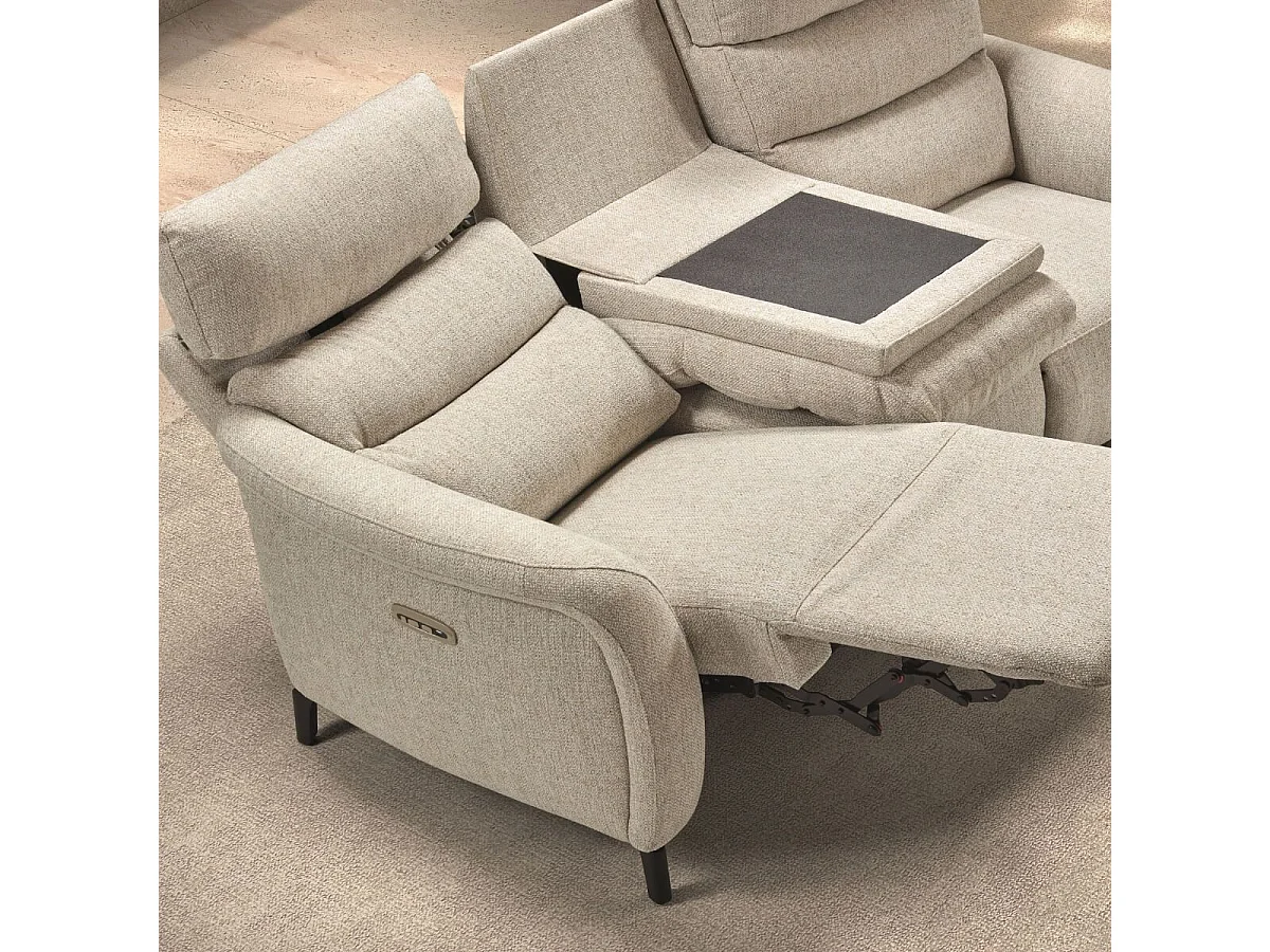 Canapé 3P relax électrique avec tablette centrale tissu beige chiné - VARENNE