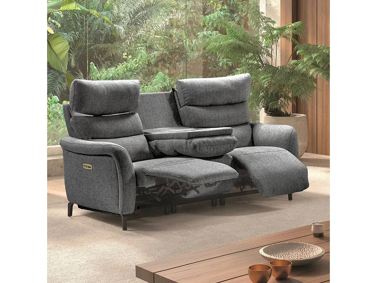Canapé 3P relax électrique avec tablette centrale tissu gris - VARENNE