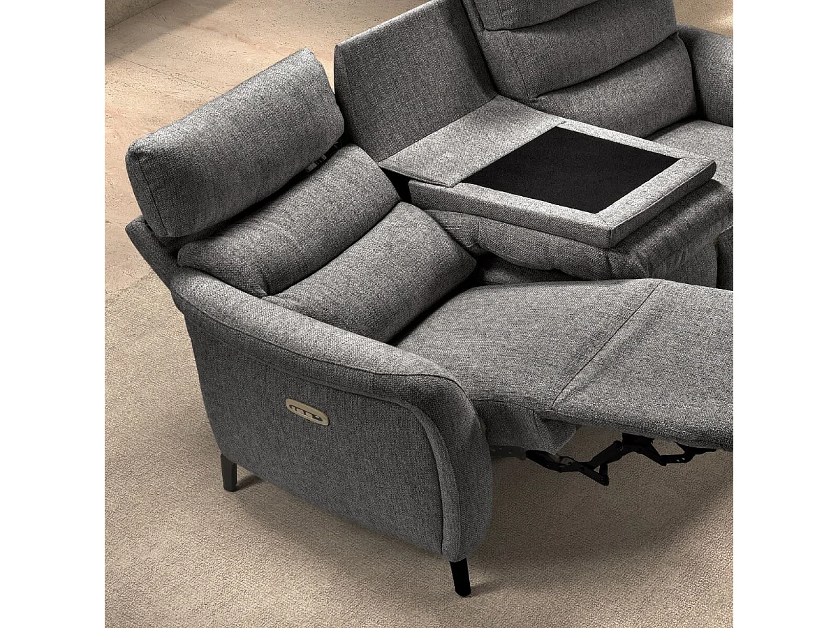 Canapé 3P relax électrique avec tablette centrale tissu gris - VARENNE