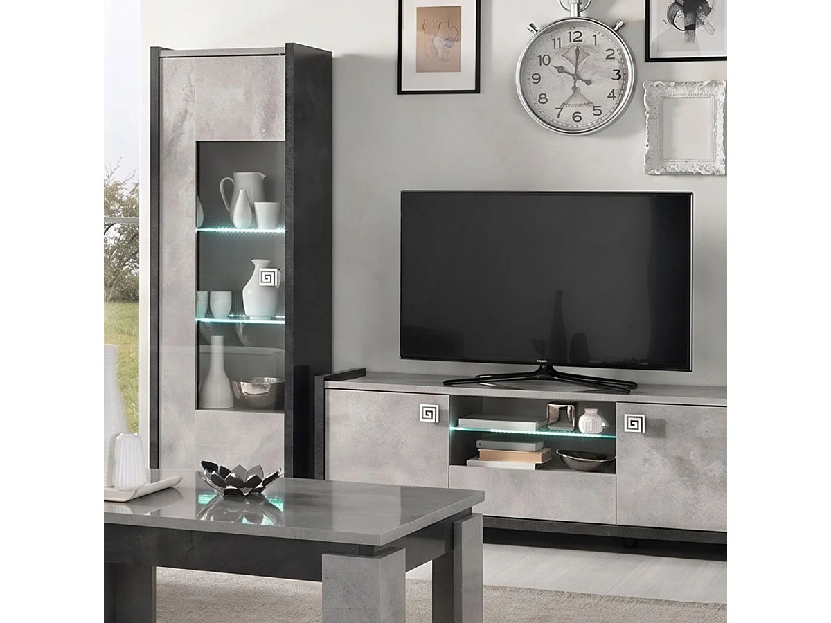 Salon table basse 2 vitrines meuble TV aspect béton ciré 2 tons - HAMPTON