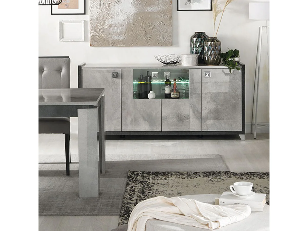 Séjour buffet 4P + table de repas aspect béton ciré 2 tons - HAMPTON