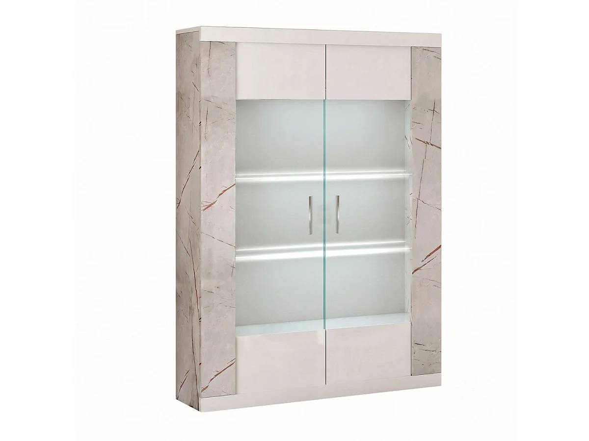 Séjour complet avec vitrine blanc et aspect marbre gris-brun - NERVY