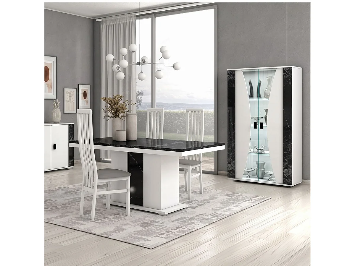 Séjour complet avec vitrine blanc et aspect marbre noir - TAHOE