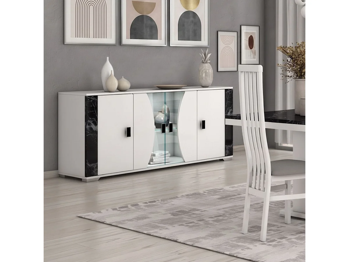 Séjour buffet + table repas blanc et aspect marbre noir - TAHOE