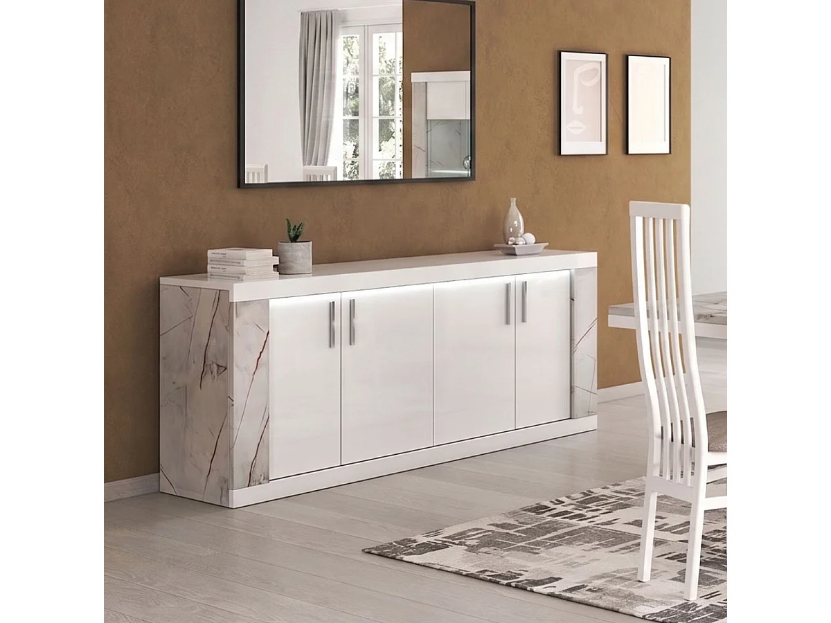 Séjour buffet + table repas blanc et aspect marbre gris-brun - NERVY