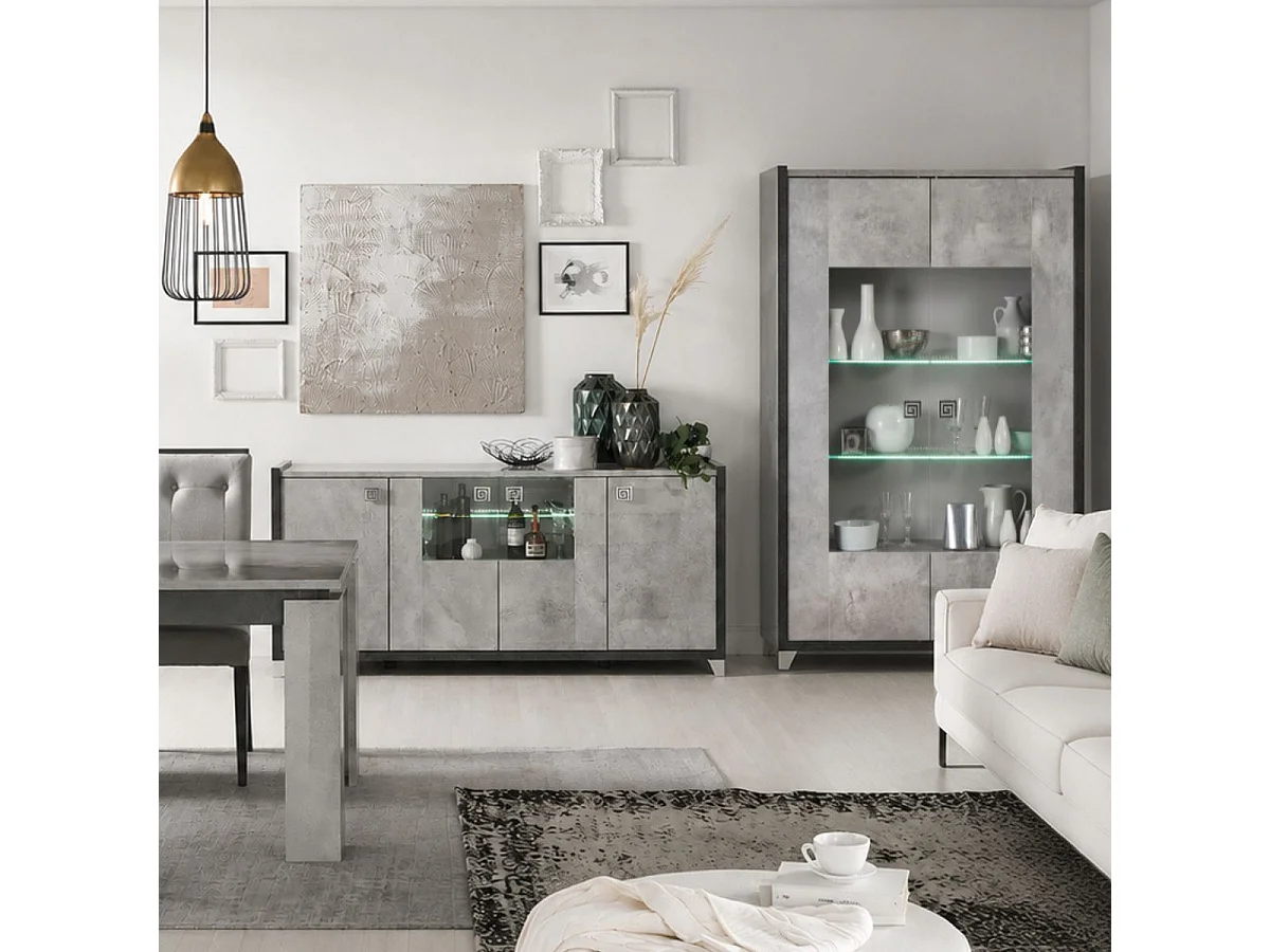 Séjour Complet buffet + table + vitrine aspect béton ciré 2 tons - HAMPTON