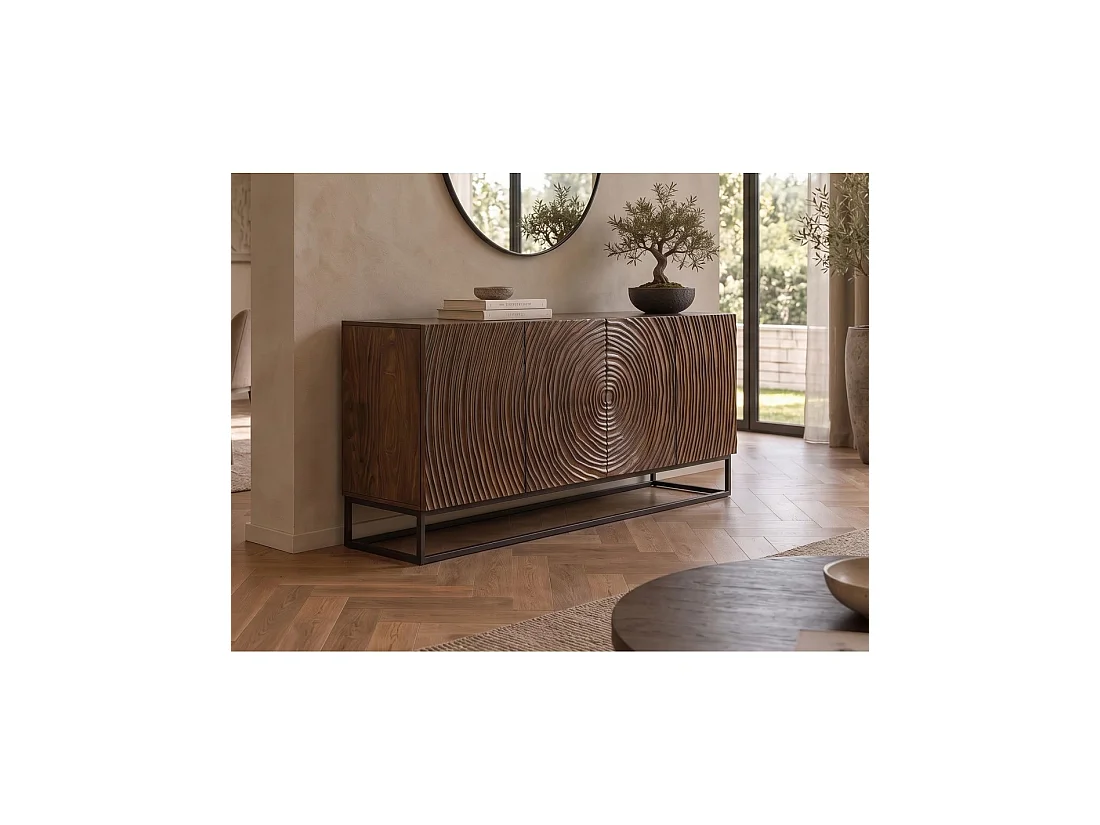 Buffet ZENWOOD 160 cm in donker mangohout – 4 gesneden deuren, bruin en zwart