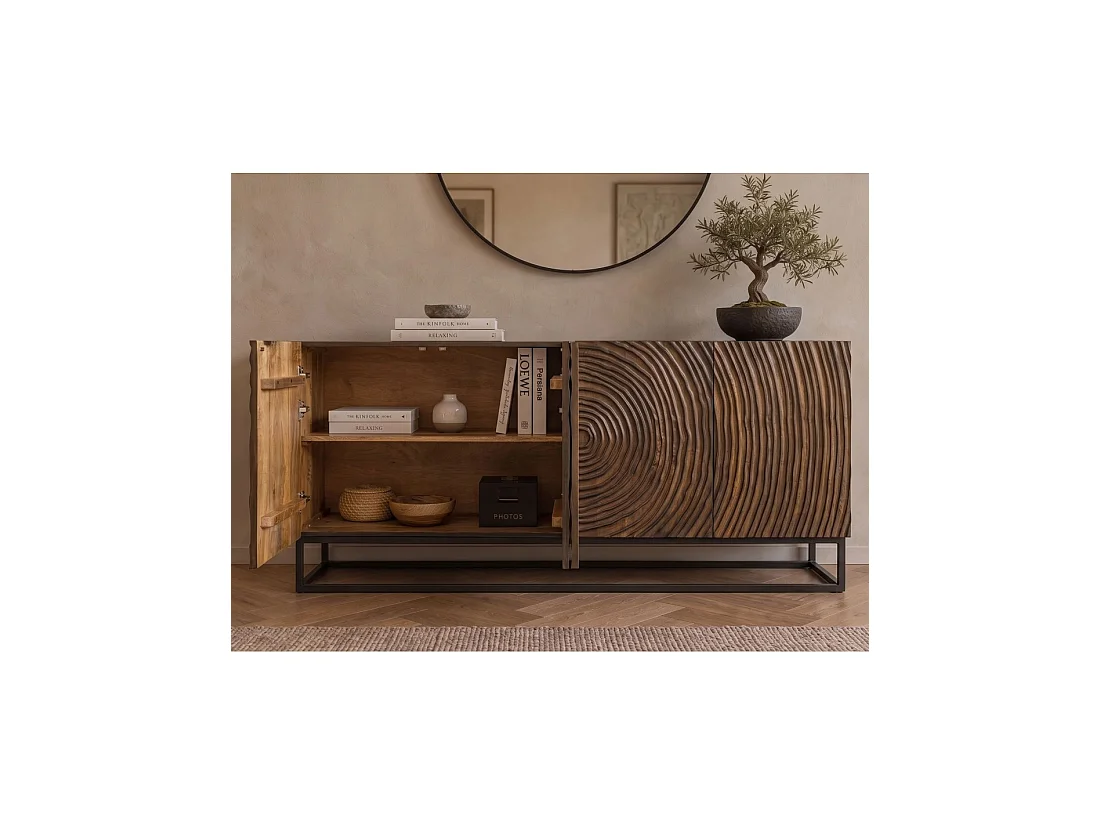 Buffet ZENWOOD 160 cm in donker mangohout – 4 gesneden deuren, bruin en zwart