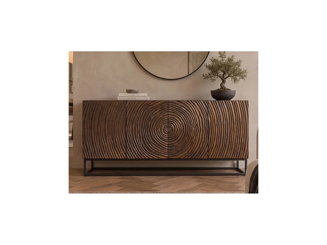 Buffet ZENWOOD 160 cm in donker mangohout – 4 gesneden deuren, bruin en zwart