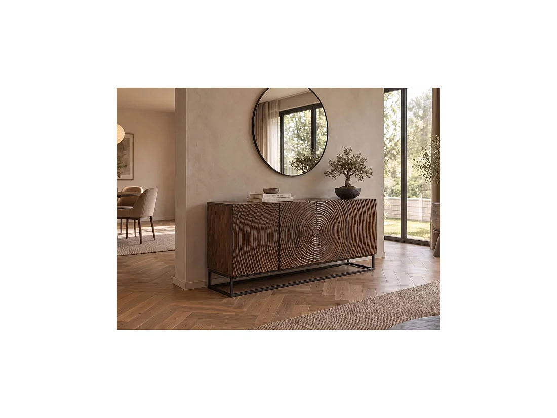 Buffet ZENWOOD 160 cm in donker mangohout – 4 gesneden deuren, bruin en zwart