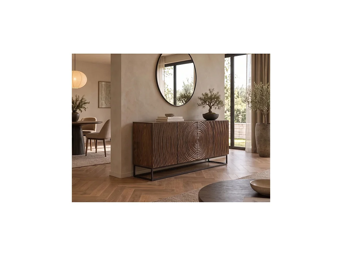Buffet ZENWOOD 160 cm in donker mangohout – 4 gesneden deuren, bruin en zwart