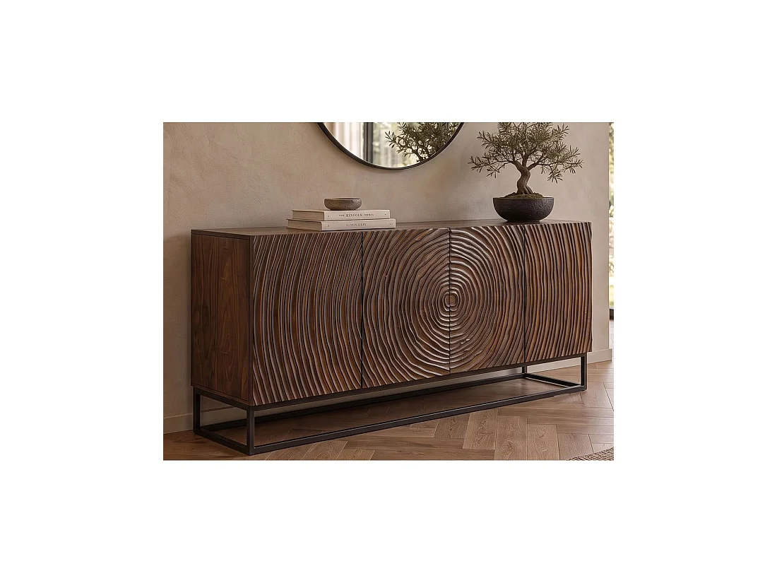 Buffet ZENWOOD 160 cm in donker mangohout – 4 gesneden deuren, bruin en zwart
