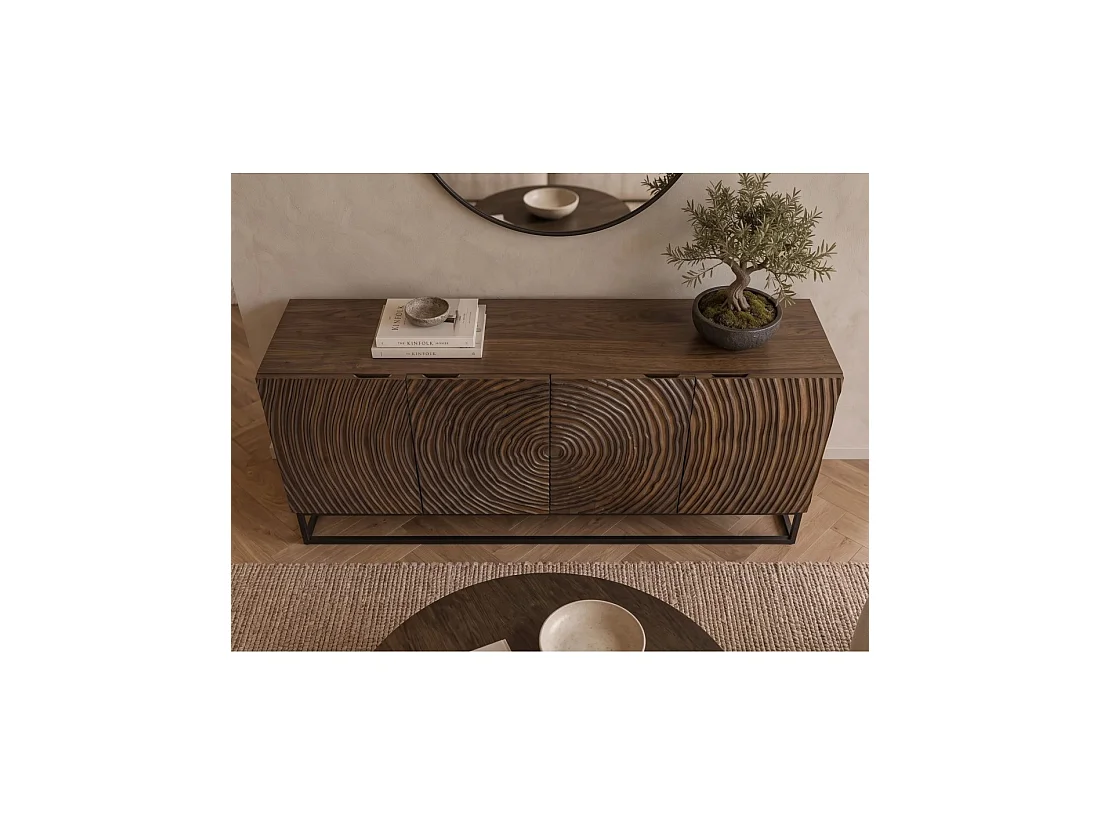 Buffet ZENWOOD 160 cm in donker mangohout – 4 gesneden deuren, bruin en zwart