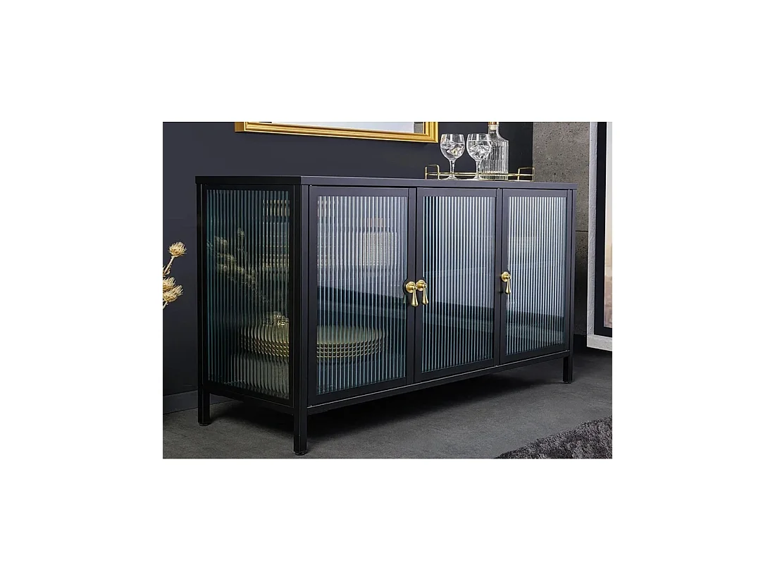Buffet BRITTON 105 cm van gehard glas en metaal – 3 glazen deuren, zwarte kleur en gouden handgrepen