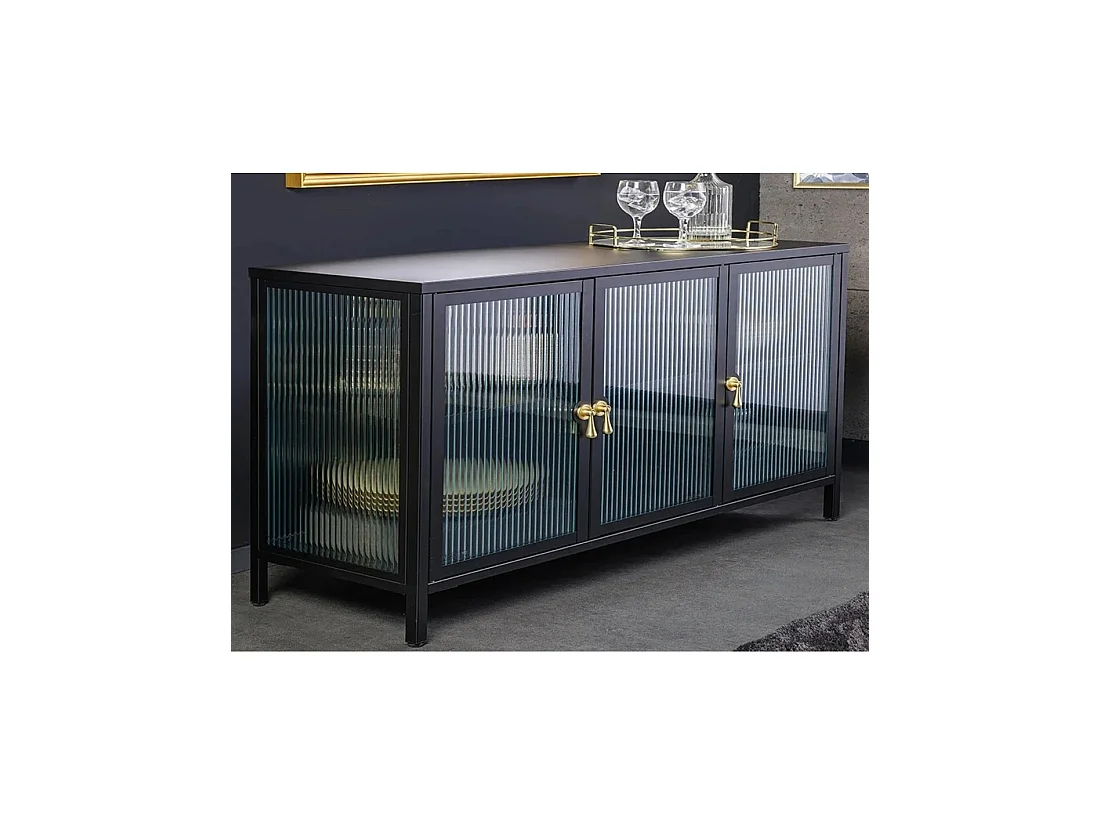 Buffet BRITTON 105 cm van gehard glas en metaal – 3 glazen deuren, zwarte kleur en gouden handgrepen