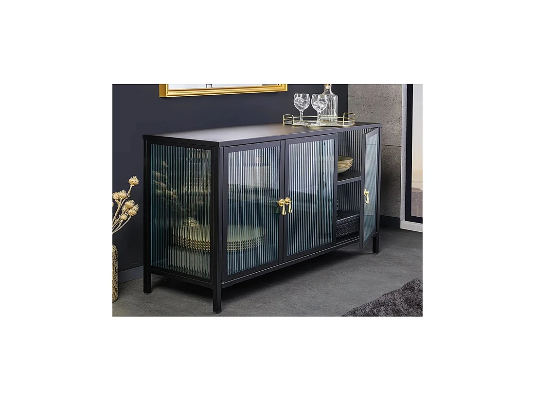 Buffet BRITTON 105 cm van gehard glas en metaal – 3 glazen deuren, zwarte kleur en gouden handgrepen