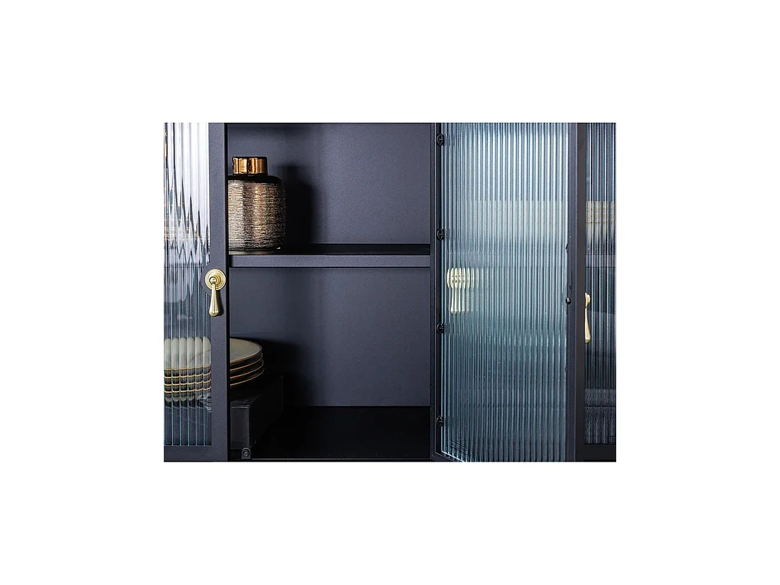 Buffet BRITTON 105 cm van gehard glas en metaal – 3 glazen deuren, zwarte kleur en gouden handgrepen