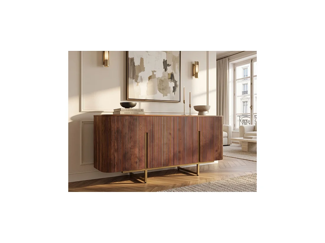 Buffet ORION 160 cm in massief mangohout - 4 gegroefde deuren en gouden poten