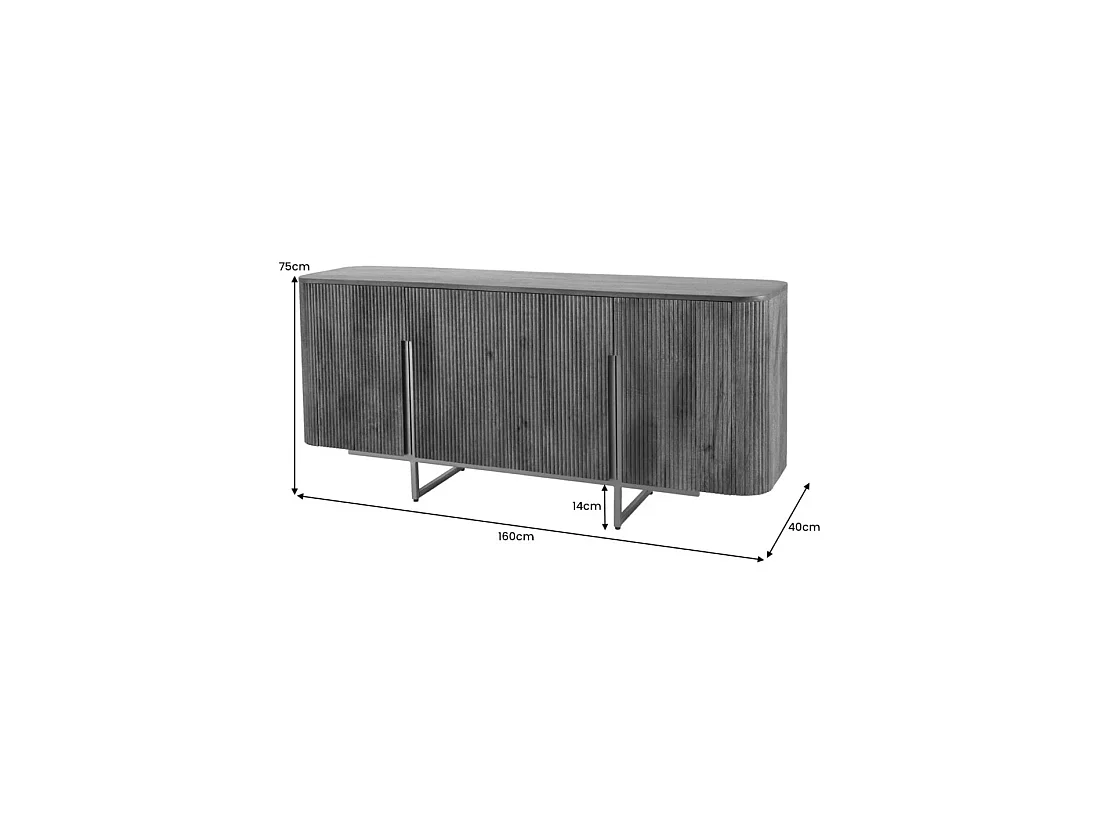 Buffet ORION 160 cm in massief mangohout - 4 gegroefde deuren en gouden poten