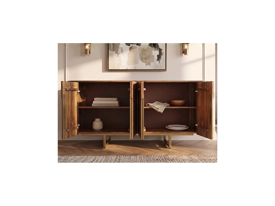 Buffet ORION 160 cm in massief mangohout - 4 gegroefde deuren en gouden poten