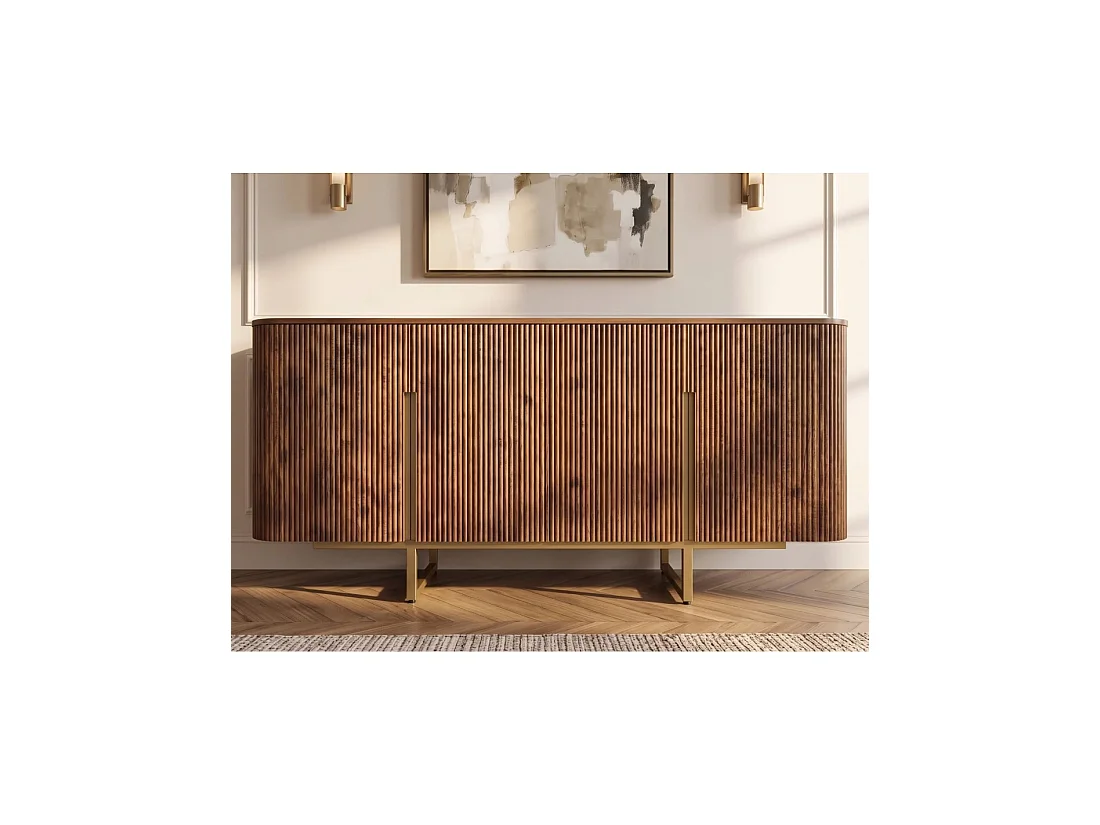 Buffet ORION 160 cm in massief mangohout - 4 gegroefde deuren en gouden poten