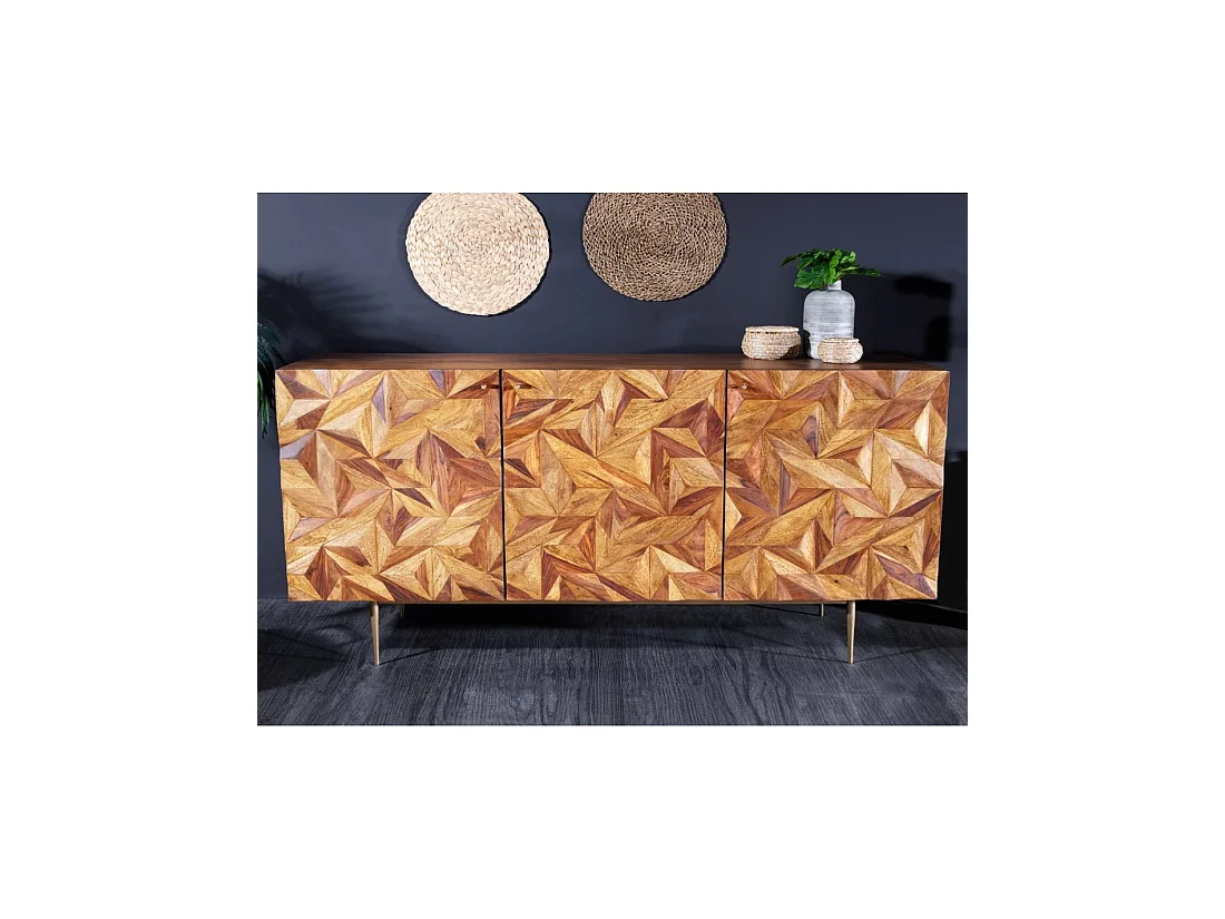 Buffet ARAVIS 144 cm in massief sheeshamhout - 3 gesneden deuren, bruin en gouden poten
