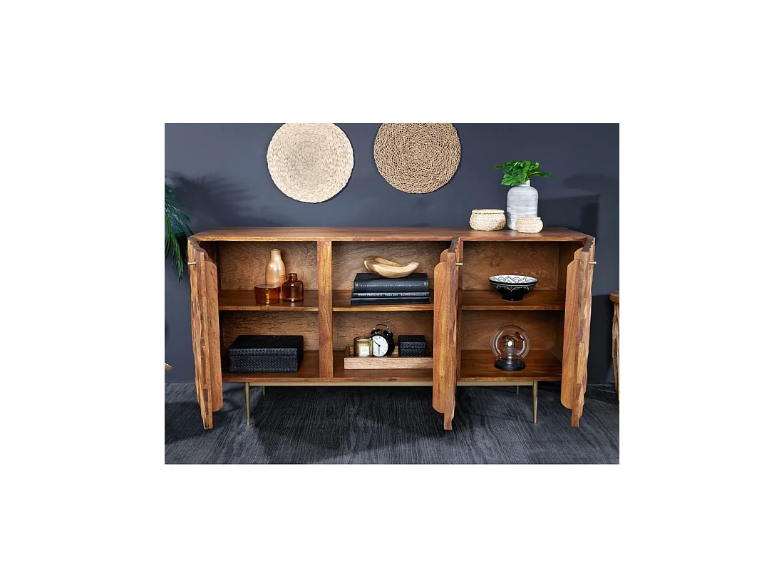 Buffet ARAVIS 144 cm in massief sheeshamhout - 3 gesneden deuren, bruin en gouden poten