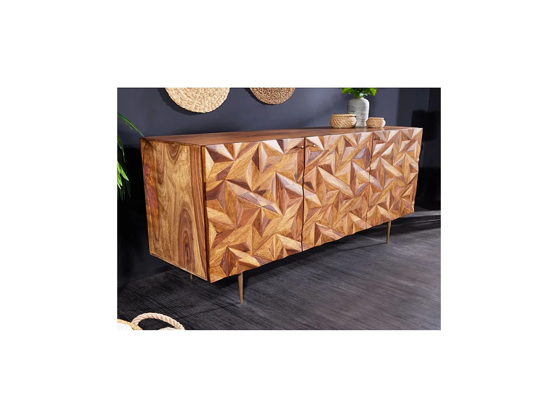 Buffet ARAVIS 144 cm in massief sheeshamhout - 3 gesneden deuren, bruin en gouden poten