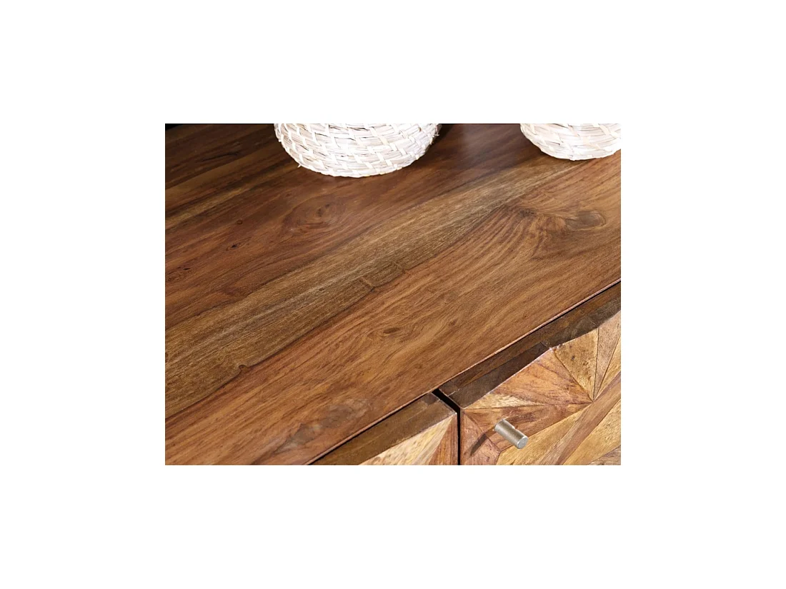 Buffet ARAVIS 144 cm in massief sheeshamhout - 3 gesneden deuren, bruin en gouden poten