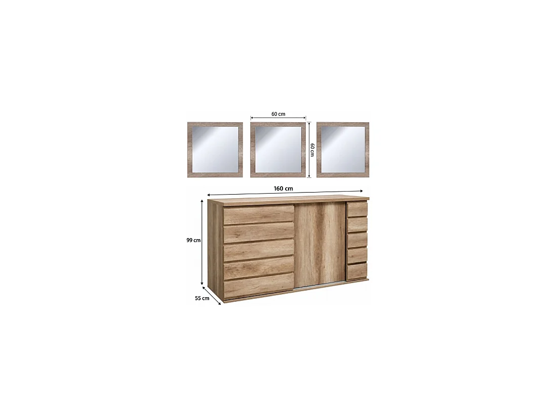 ROMI set Eiken Dab Canyon - Buffet 160 cm met 2 schuifdeuren en 3 spiegels 60x60 cm
